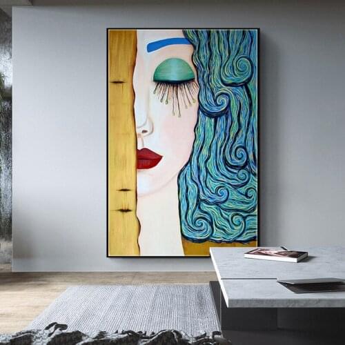 Gustav Klimt Tear Classical Art Canvas Painting Abstract Blue Yellow Woman Portrait Poster Picture Home Aesthetic Room Decor
