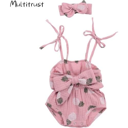 Baby Girls Bodysuits Summer Newborn Infant Girls Bandage Dots Floral Print Bow Bodysuits Jumpsuits Headband 2PCS Outfits