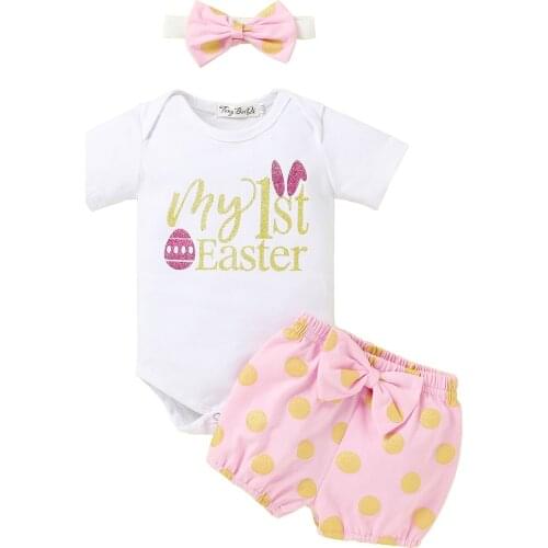 Lioraitiin 0-24M Newborn Infant Baby Girls Clothing Set Letter Print Short Sleeve Romper and Shorts and Headwear 3Pcs Easter