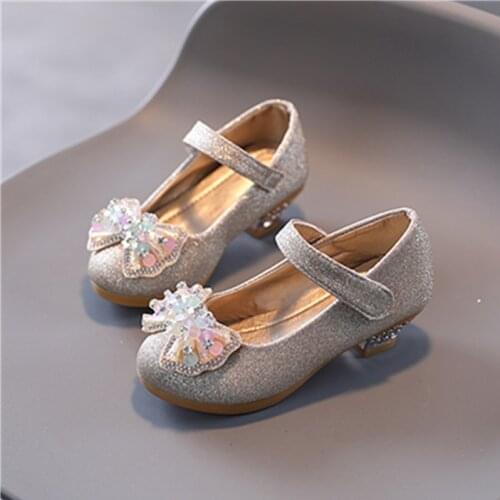 Girls Leather Shoes Princess Shoes Children Shoes Round-Toe Soft-Sole Big Girls High Heel Princess Crystal Shoes Single Shoes