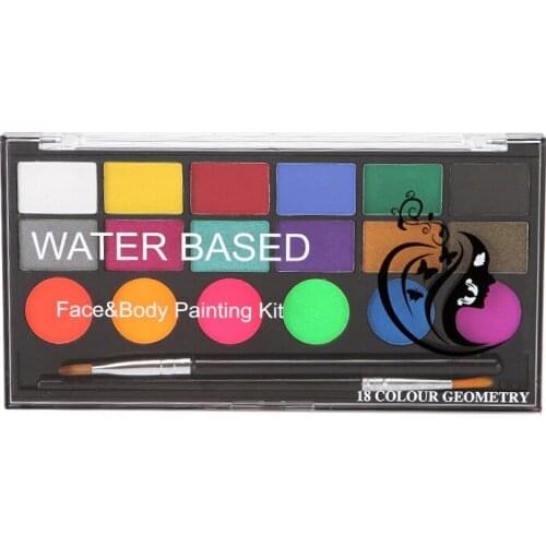 18 Colors Art Supplies Face Body Paint Kit 6 Normal Paints 6 Pearl Effect Paints 6 UV Glow Paints with 2 Brushes Safe Painting