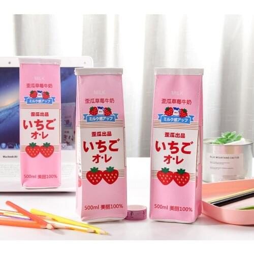 Cute Strawberry Milk Pencil bag Large Capacity Student Stationery girl Gift School Office Supplies