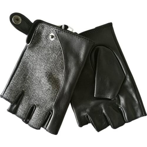 Fashion Semi-Finger Men Gloves Sheepskin Patchwork Driving Half Finger Male Glove 2020 New Mens Mittens M053NN