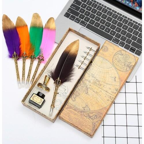 Novel! Natural retro gold spray feather dipped pen set writing ink luxury gift box can be customized LOGO Christmas gift