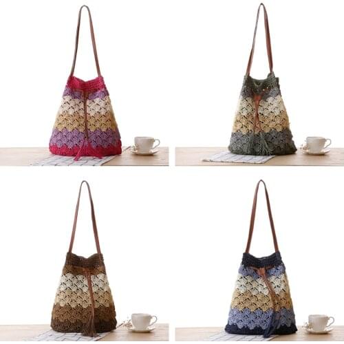 Retro Fashion Summer Woven Rattan Drawstring Bags Shoulder Bag Tassel Hollow Color block Beach Straw HandBags Handmade Crossbody