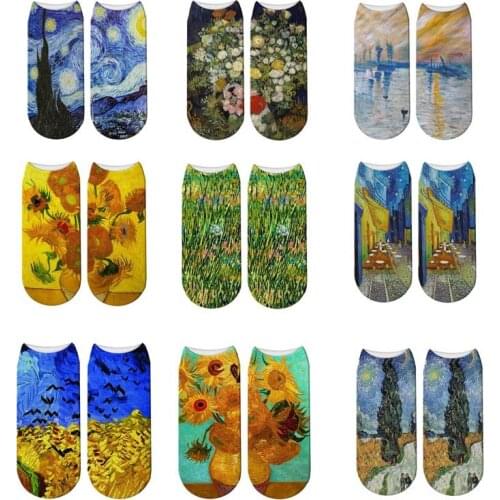 Van Gogh Star Moon Night Sunflower Oil Painting 3D Printing Socks Summer Pure Cotton Breathable Low Ankle Socks FOR Women