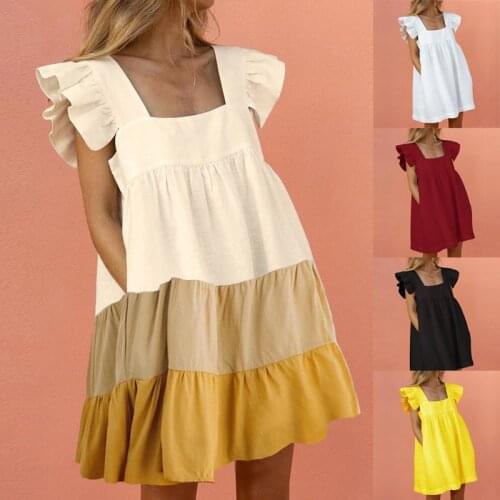 Women Casual Butterfly Sleeve Dress Summer Loose Square Collar Solid Pocket Sundress Female Beach Party Cute Ruffled Mini Dress