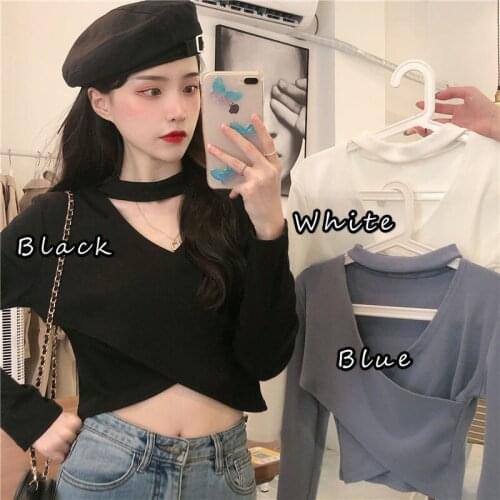 Ladies Sexy T-shirt White Pullover Casual Fashion Short Harajuku Tops Hanging Neck Cross-neck Slim Long-sleeved Female Top Crop