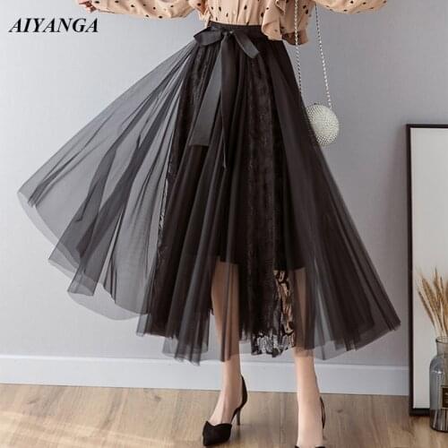 2019 New Medium Long Mesh Skirts For Women Spring Summer Skirts Patchwork Lace Skirt Fashion Elastic Waist Big Hem Skirt Lady