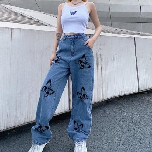 Pockets Patchwork High Waist Jeans Women Streetwear Straight Jean Femme Blue 100% Cotton Cargo Straight Pants