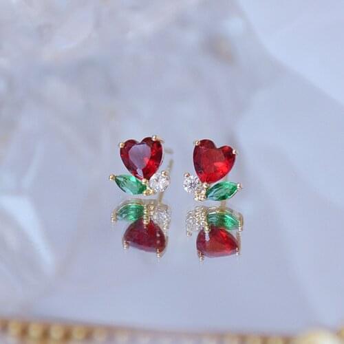 New Fashion Brand Jewelry 14K Real Gold Red Heart Stud Earrings for Women Gift Small Shining Zircon Leaves Earrings