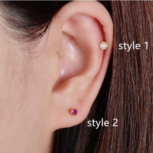 925 Sterling Silver Earring Simple Pearl Small Red Zircon Screw Stud Earring Cute Sweet Mini Ear Bone Nail Girl Women Ear Jewelr