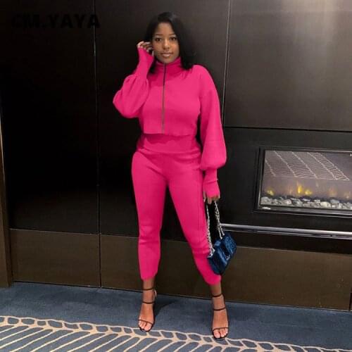 CM.YAYA Women Two Piece Set Solid Turtleneck Long Lantern Sleeves Zip Top+long Slim Pants Sporty Casual Tracksuit Autumn 2021