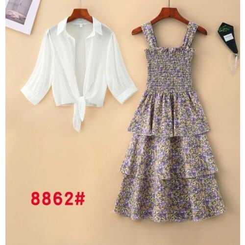 Summer New Two Piece Sets Fashion Womens Outfits White Short Sleeve Shirt Off Shoulder Midi Floral Chiffon Dress Set 2021 Y546