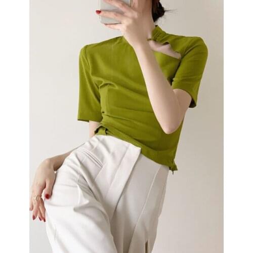 Button design slim short-sleeved top women fashion tops ladies tops 2020 green tops for women Regular COTTON