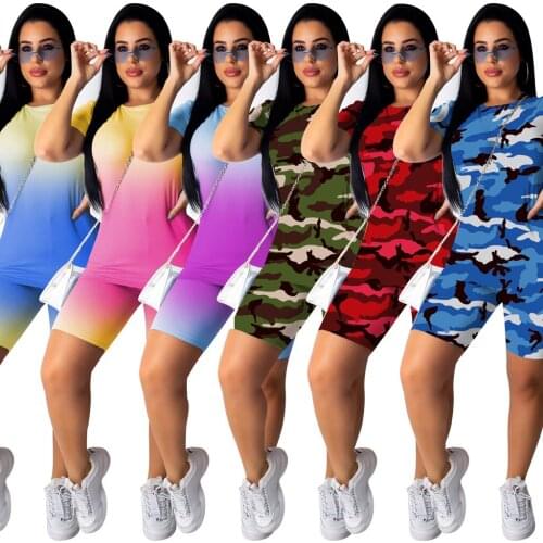 2 Piece Sets Womens Tracksuit Outfis Summer Biker Shorts Two Piece Set Casual 2020 Short Sleeve Top And Pants Matching Sets Plus