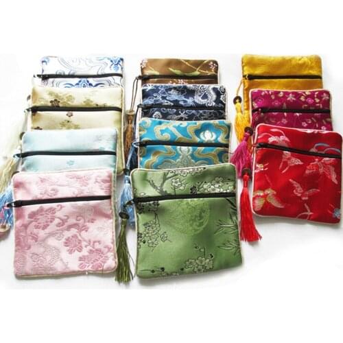 10 PCS/LOT New Mix Colors Small Flower Tassel Silk Square Coin Bags Chinese Zipper Coin Purse Jewelry Pouches Wholesale