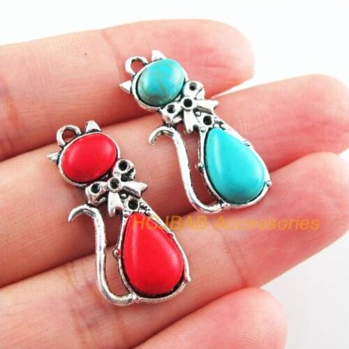 12Pcs Retro Tibetan Silver Tone Animal Cat Blue&Red Stone Charms Pendants 13x29mm