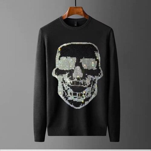 2021 Brand Pullover Rhinestone Shiny Oversized Skull Heavy Craft Knitting Mens Long Sleeve Sweater Fashion Slim