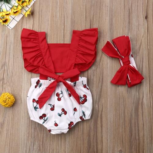 Newborn Baby Girl Ruffle Cherry Print Bodysuits Headband 2pcs Sunsuit Outfits Cherry Stitching Romper Summer Clothes