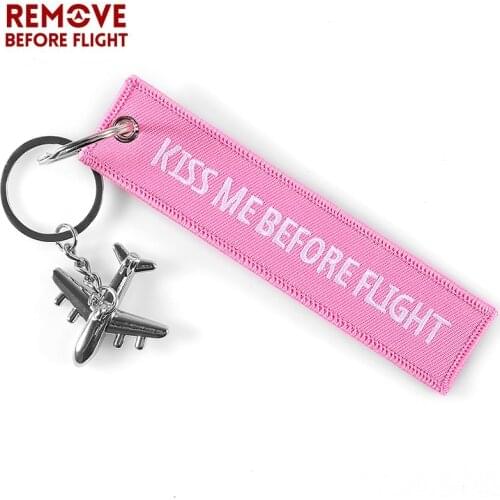 Pink Kiss Me Before Flight Key Chain Label Embroidery Keychain with Metal Plane Key Chain for Aviation Gifts Car Keychains