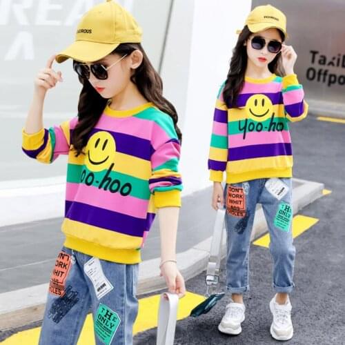 Girls t-shirt kids summer cotton t shirt+pant 2pcs baby girl jeans teenage jeans cartoon children fashionable clothing sets