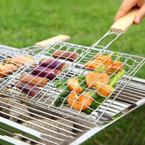 Stainless Steel BBQ Barbecue Grill Grid Portable Outdoor Barbecue Net Grilling Basket Folder Bbq Tools Roast Wooden Handle