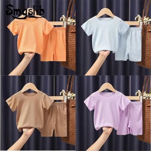SMGSLIB Baby Clothes Set 2021 Summer Thin Ice Silk Solid T-shirt +Shorts 2Pcs Outfit Suit Solid Childrens Clothing Sets 0-4