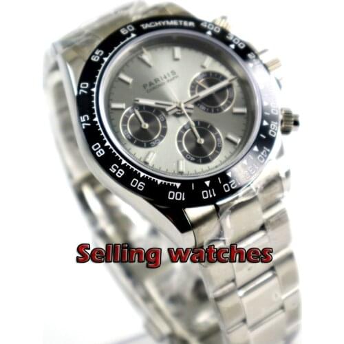 Solid 39mm PARNIS Quartz mens watch Full Chronograph Gray dial luminous sapphire glass stop watch men