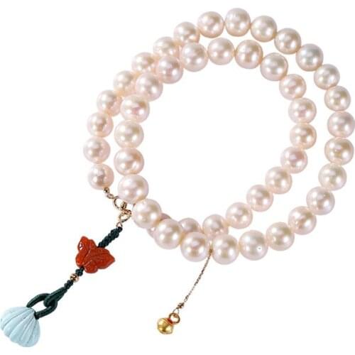 Pure gold natural pearl personality butterfly South Red turquoise scallop tassel double circle Korean style elegant female brace