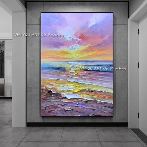 Landscape largeabstract colorful 100% handmade oil painting ocean blue purple wave seascape modern art hand-painted as a gift