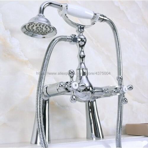 Polished Chrome Bathroom Shower Faucet With Hand Held Shower Head Set Double Handles Deck Mounted Bathroom Faucet Nna131