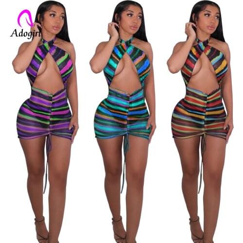 Rainbow Color Stripe Women Drawstring Mini Dress Halter Sleeveless Activewear 2021 Summer Sexy Night Club Party Bodycon Vestidos