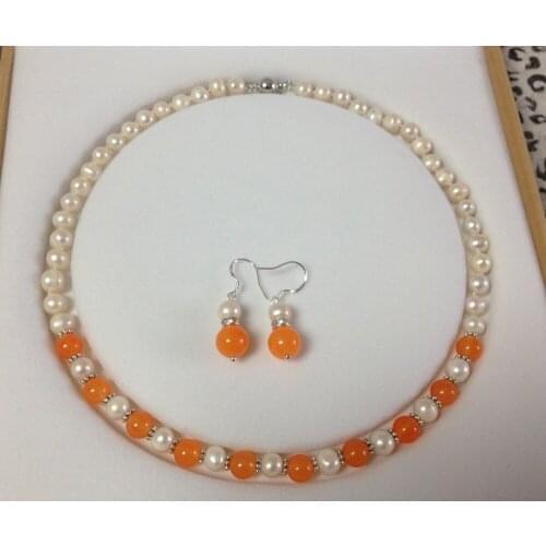 Wonderful! 7-8mm White Pearl Orange Jade Necklace Earring Set 18"