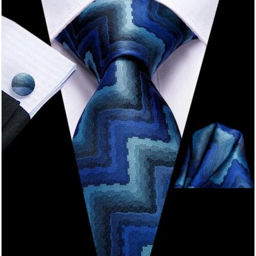 Hi-Tie Navy Blue Print Silk Wedding Tie For Men Handky Cufflink Necktie For Men Fashion Novelty Design Business Party Dropship