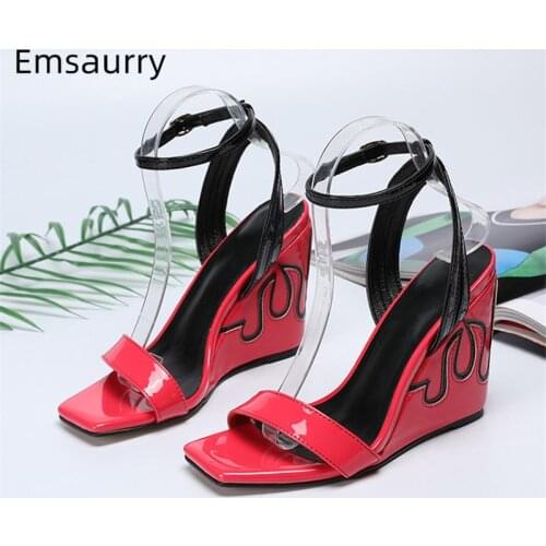 Summer Patent Leather Sandals Women Ankle Strap Square Toe Open Toes High Wedges Gladiator Sandalias Mujer