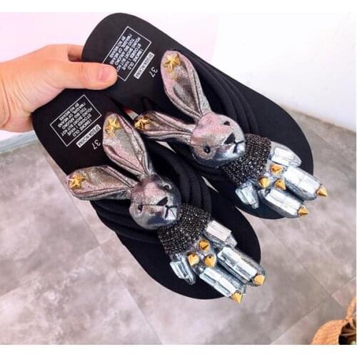 HAHAFLOWER handmade cartoon rabbit flipflops women flower beach slides ladies exquisite rabbit platform sandals 2019