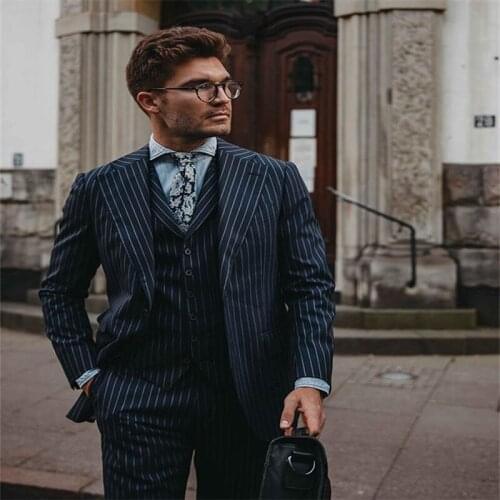 Navy Blue 3 Piece Men Blazer Groom Tuxedos For Wedding Prom Suit (Jacket+Pants+Vest) Chic Streetwear Custom Made Outwear