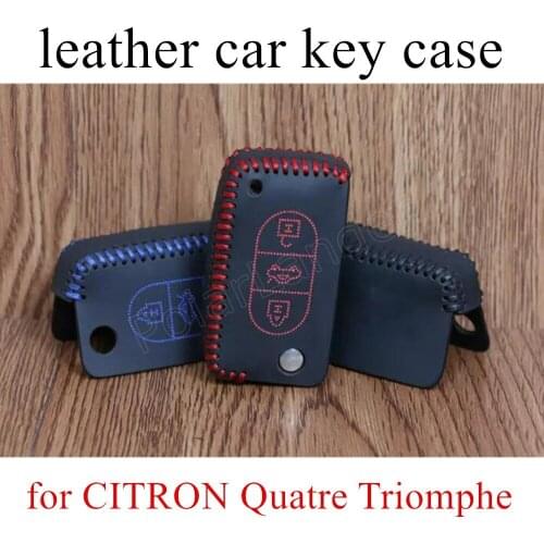 Only Red Only Red car accessory Hand sewing car key case cover Genuine quality leather fit for CITRON 3 button Quatre Triomphe