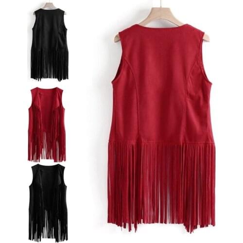 Women Faux Suede Ethnic Sleeveless Jacket Long Fringe Tassels Hippie Open Front Cardigan Vintage Cowgirl Waistcoat Vest Outwear