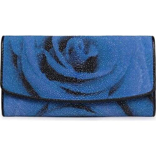 Fancy Rose Flower Purse Genuine Stingray Skin Female Large Wallet Royalblue Color Card Holder Exotic Leather Womens Clutch Bag