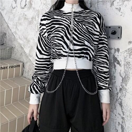 Streetwear Chain Hoodie Women Vintage Zebra Print Hoodie Fashion Short Hoodie Loose High Neck Pullover Harajuku Hoodie + Chain