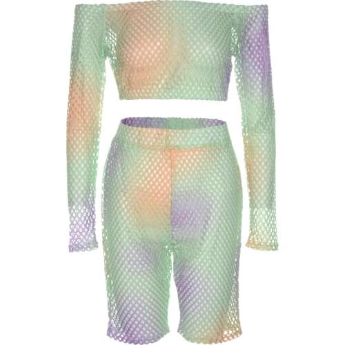 Women Sexy Mesh Bodycon Suits Off Shoulder Long Sleeve Crop Tops High Waist Short Pants