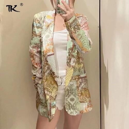 Women Printing Blazers Notched Long Sleeve Tops Pockets Casual Office Ladies Blazer Casual Ins New Fahsion Summer Autumn 2021