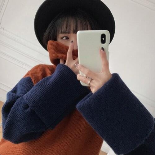 Curling Sleeve Knitted Sweater Women Sweater 2021 Autumn and Winter New High-Neck Color-Blocking Sweater Thick Thick Needle
