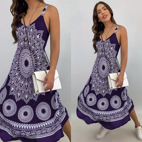 Summer Ladies New Bohemian Style Totem Print Long Skirt Sexy V-neck Sleeveless Hedging Casual Loose Suspender Dress For Women