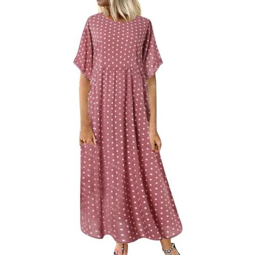 Vintage Polka Dot Printed Maxi Dress For Women Casual Loose Short Sleeve O Neck Robe Longue Boho Beach Sundress Summer Vestidos
