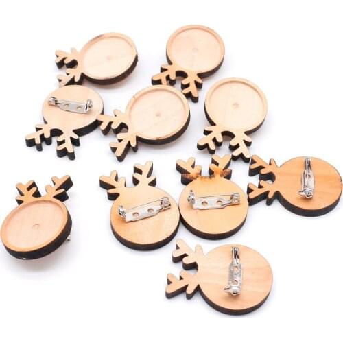 10pcs Lot Christmas Wooden Deer 25mm Wood Brooch Base Cabochon Blanks Trays Brooch Pins Cameo Setting Jewlery Making Supplies
