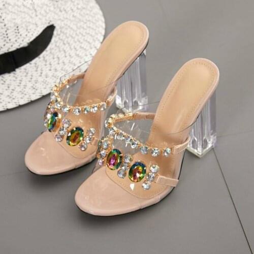 2021 Summer Fashion Crystal Diamond Slides Clear PVC Transparent Slippers Women Shoes Peep Toe High Heels Pumps Plus Size 35-42