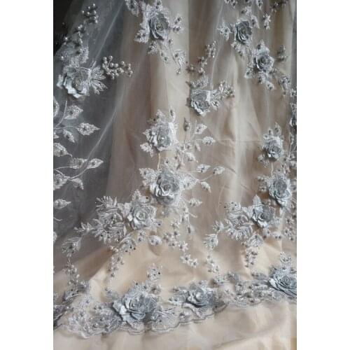 5 yards silver gray 3D flowers lace fabric, 3D beads appliques lace mesh embroidered lace fabric for bridal wedding fabrics
